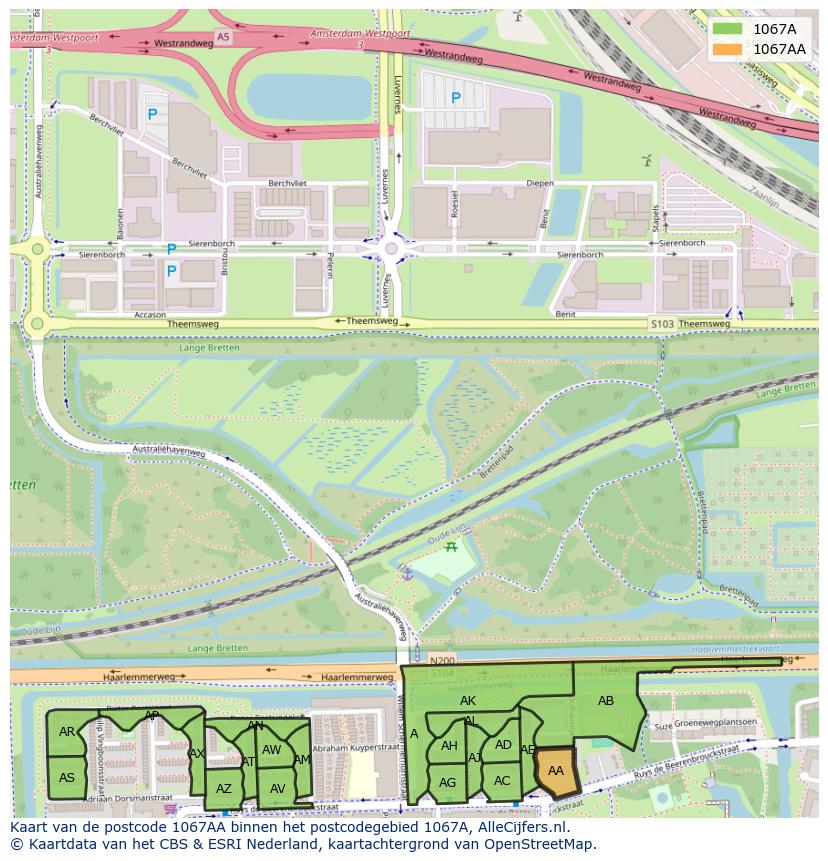 Afbeelding van het postcodegebied 1067 AA op de kaart.