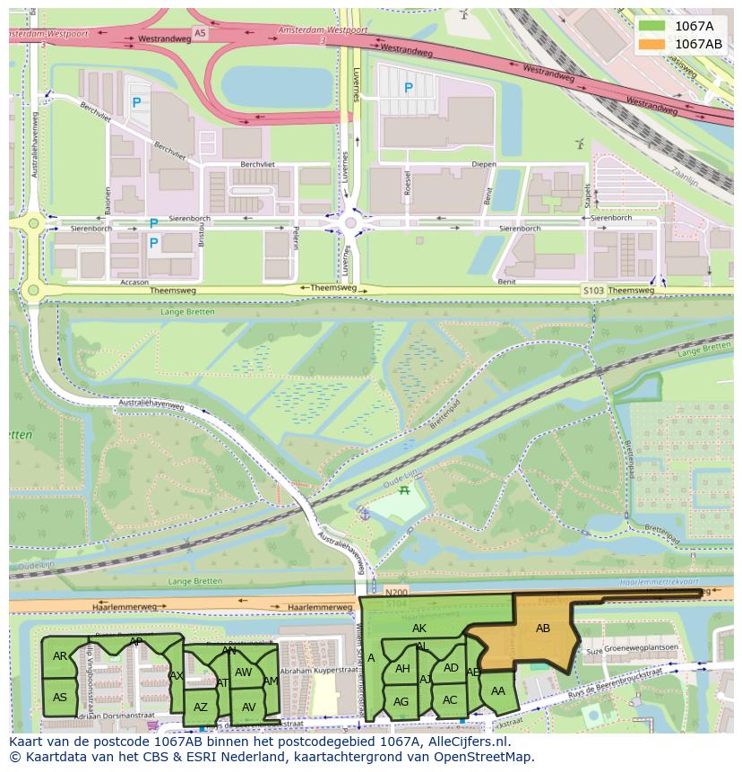 Afbeelding van het postcodegebied 1067 AB op de kaart.