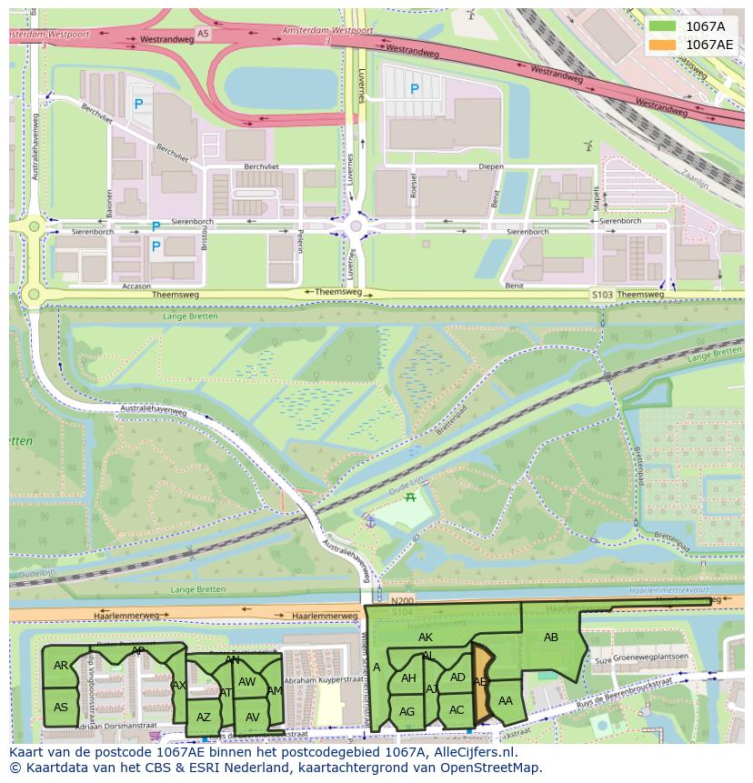 Afbeelding van het postcodegebied 1067 AE op de kaart.