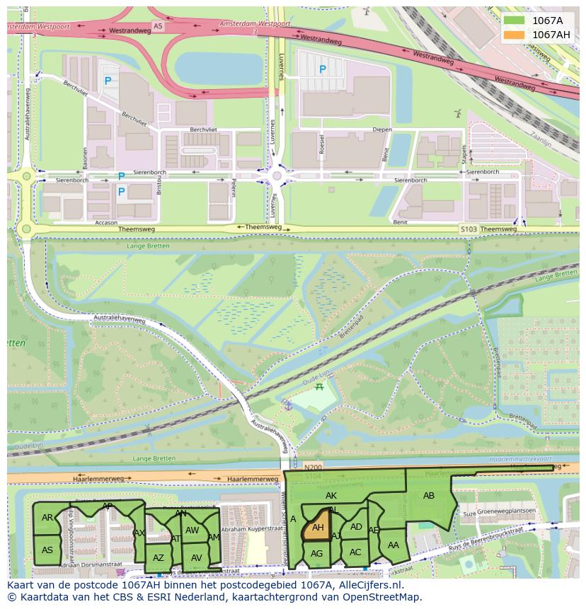 Afbeelding van het postcodegebied 1067 AH op de kaart.