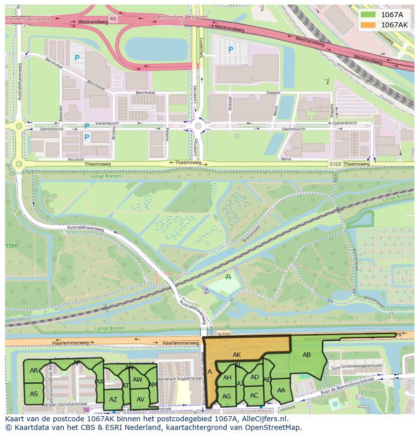 Afbeelding van het postcodegebied 1067 AK op de kaart.