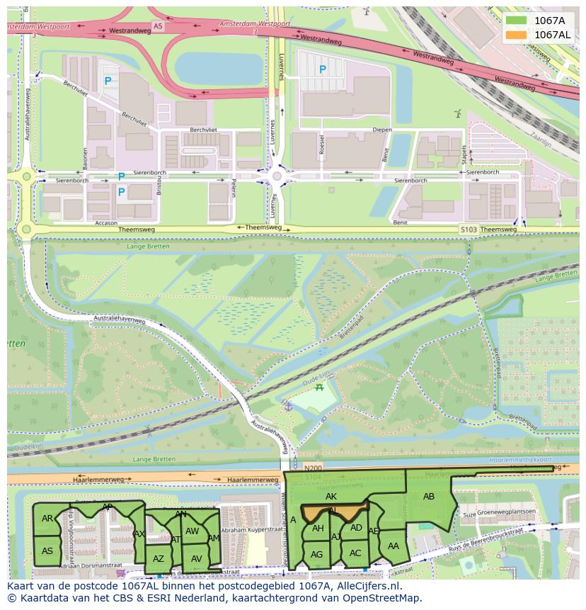 Afbeelding van het postcodegebied 1067 AL op de kaart.