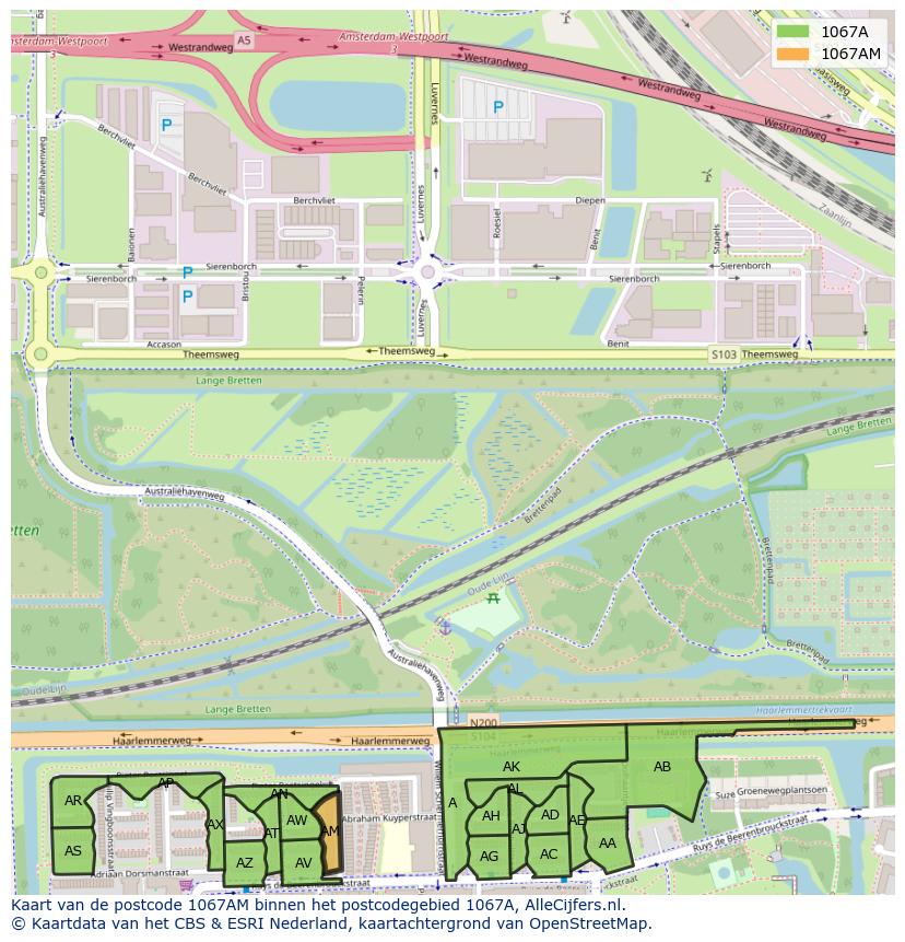 Afbeelding van het postcodegebied 1067 AM op de kaart.