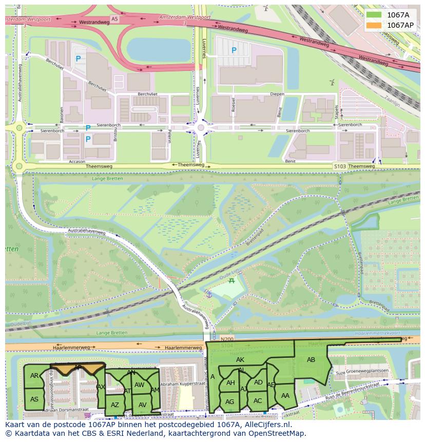 Afbeelding van het postcodegebied 1067 AP op de kaart.