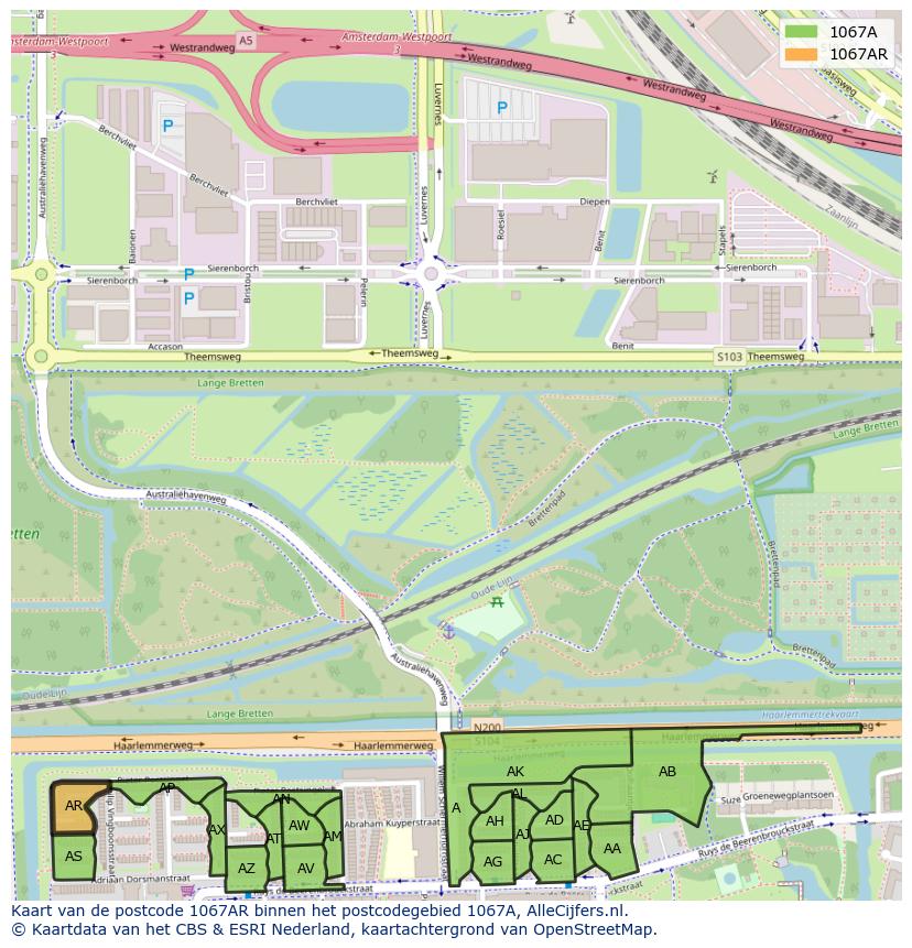 Afbeelding van het postcodegebied 1067 AR op de kaart.
