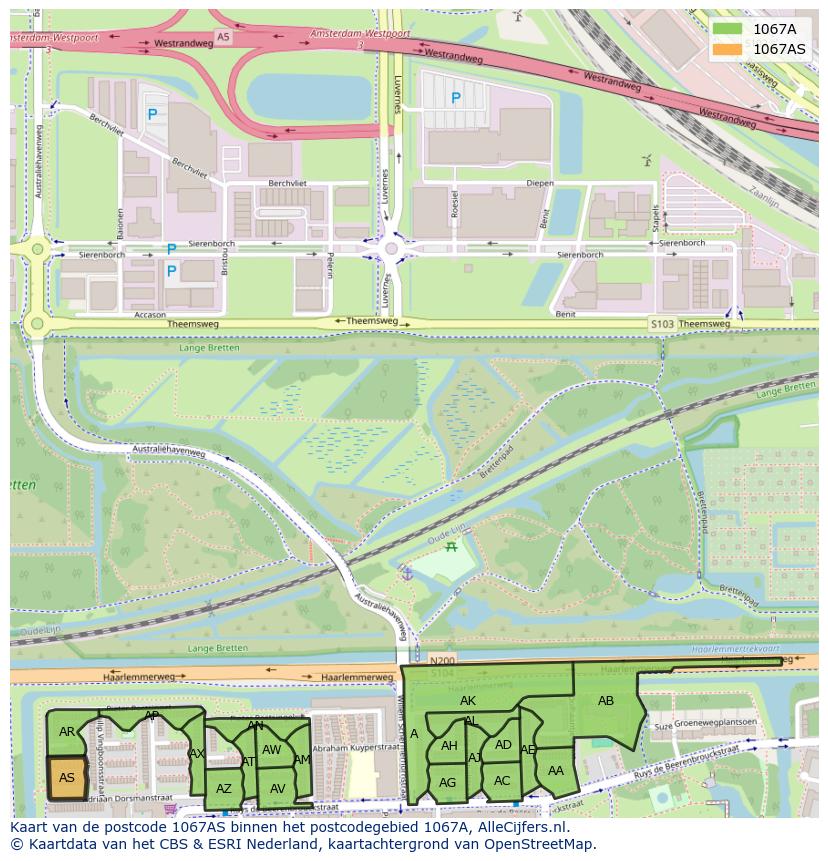 Afbeelding van het postcodegebied 1067 AS op de kaart.