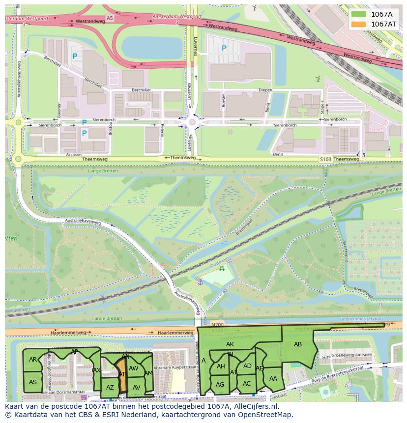 Afbeelding van het postcodegebied 1067 AT op de kaart.