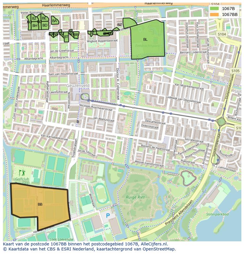Afbeelding van het postcodegebied 1067 BB op de kaart.