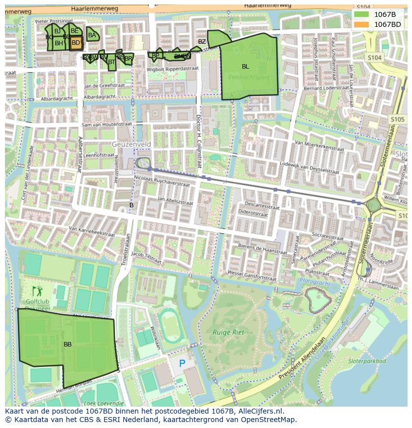 Afbeelding van het postcodegebied 1067 BD op de kaart.