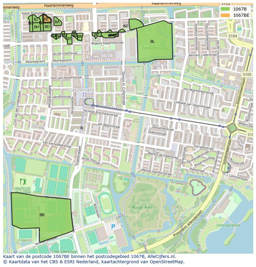 Afbeelding van het postcodegebied 1067 BE op de kaart.
