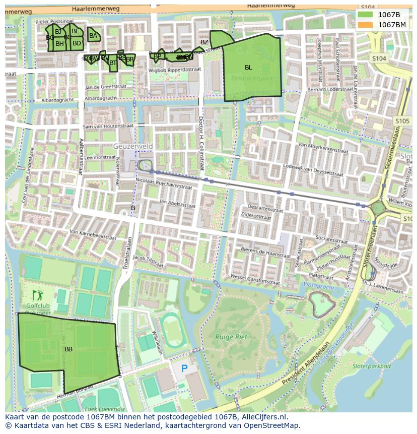 Afbeelding van het postcodegebied 1067 BM op de kaart.