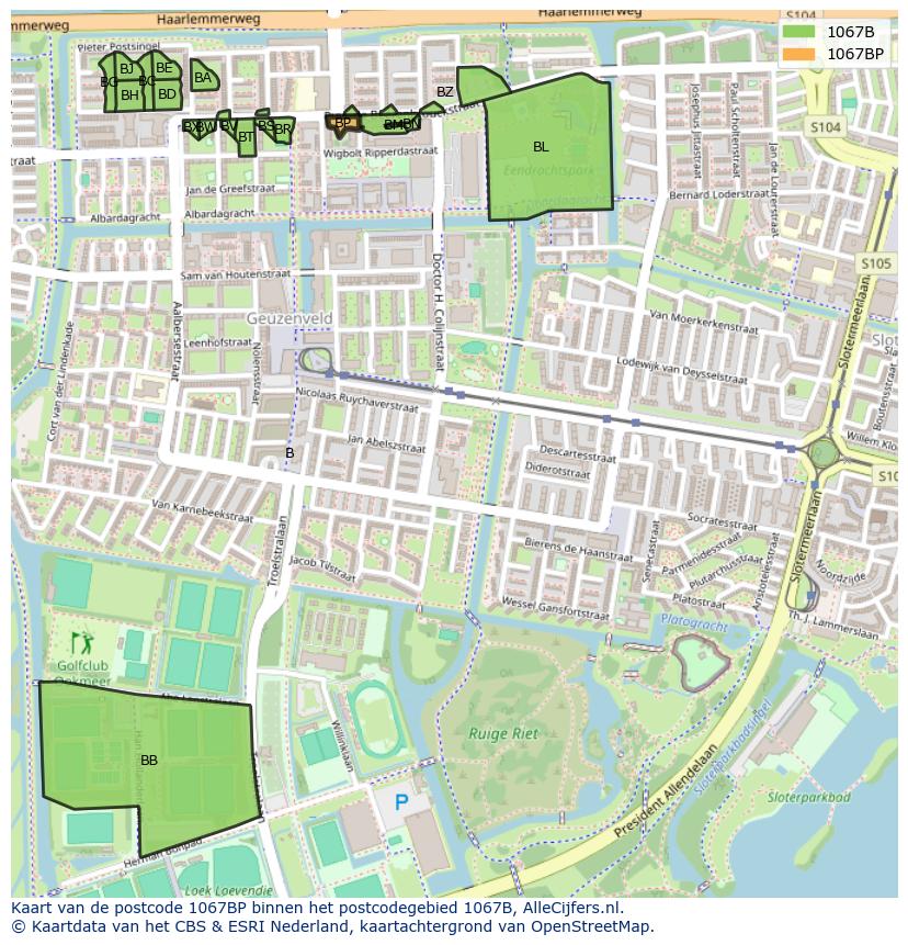 Afbeelding van het postcodegebied 1067 BP op de kaart.