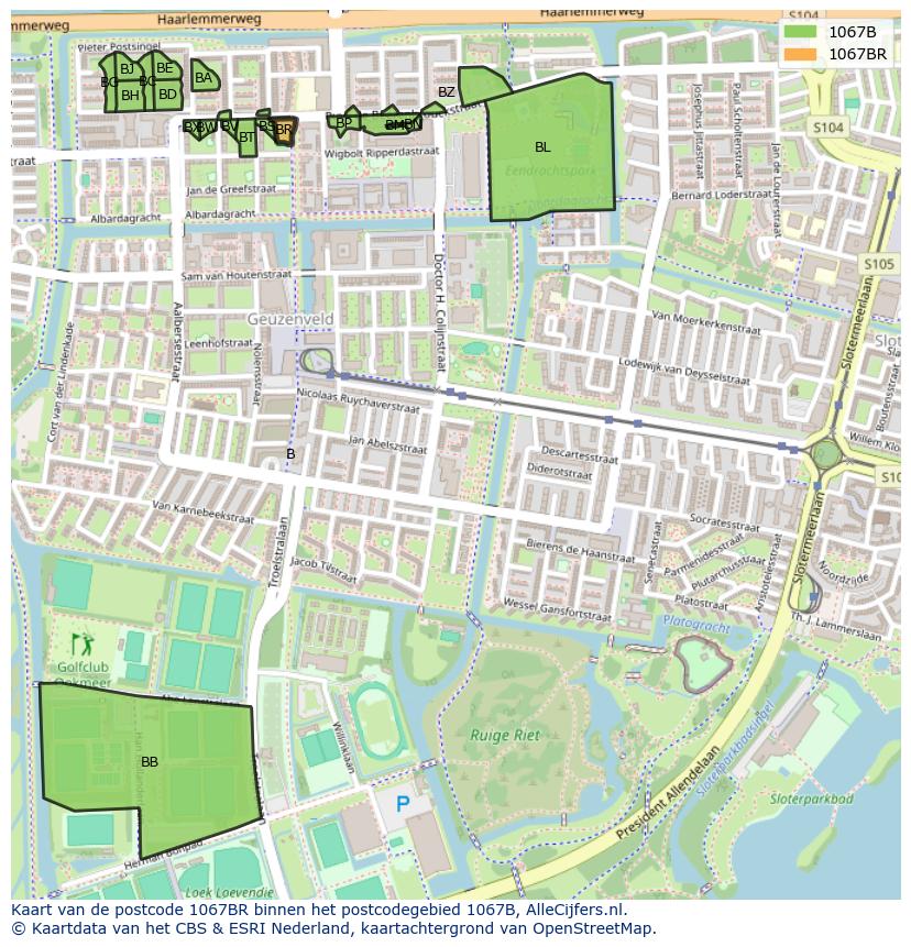 Afbeelding van het postcodegebied 1067 BR op de kaart.