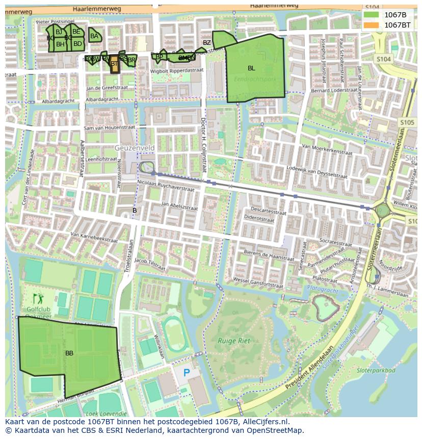 Afbeelding van het postcodegebied 1067 BT op de kaart.