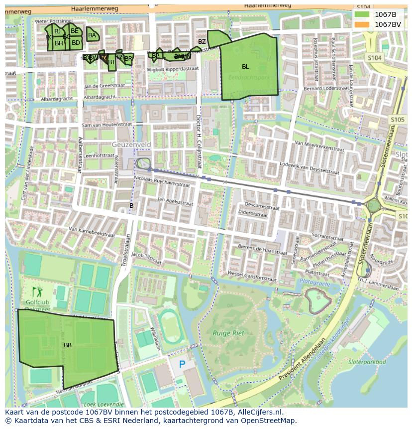 Afbeelding van het postcodegebied 1067 BV op de kaart.