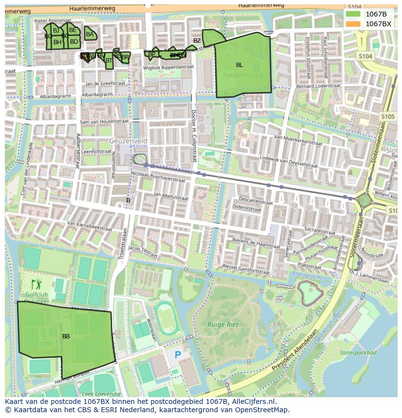 Afbeelding van het postcodegebied 1067 BX op de kaart.