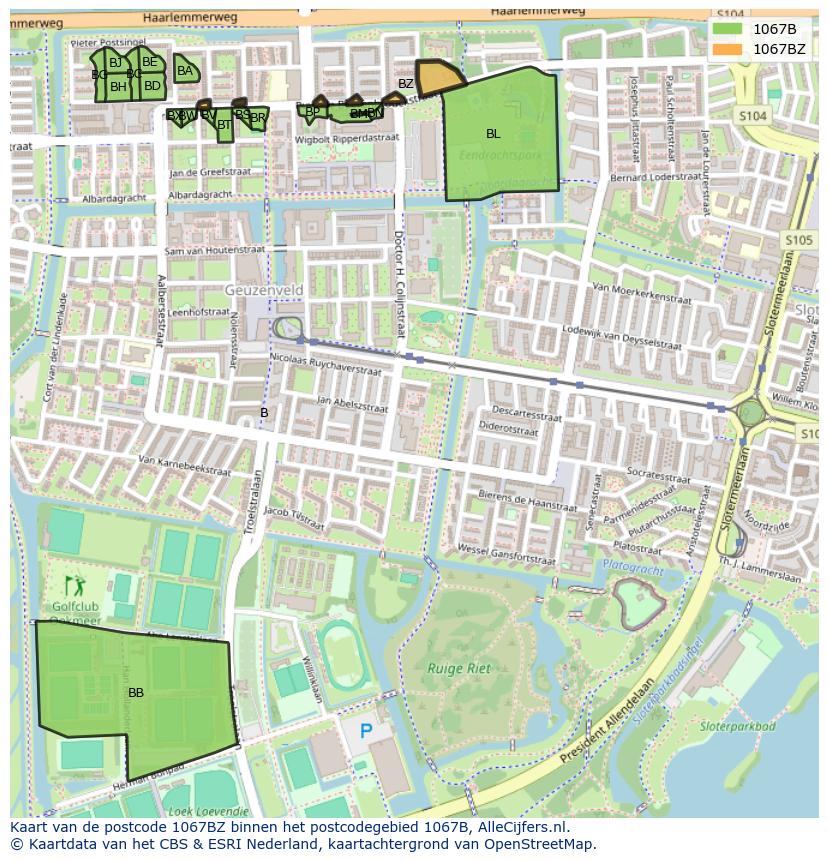 Afbeelding van het postcodegebied 1067 BZ op de kaart.