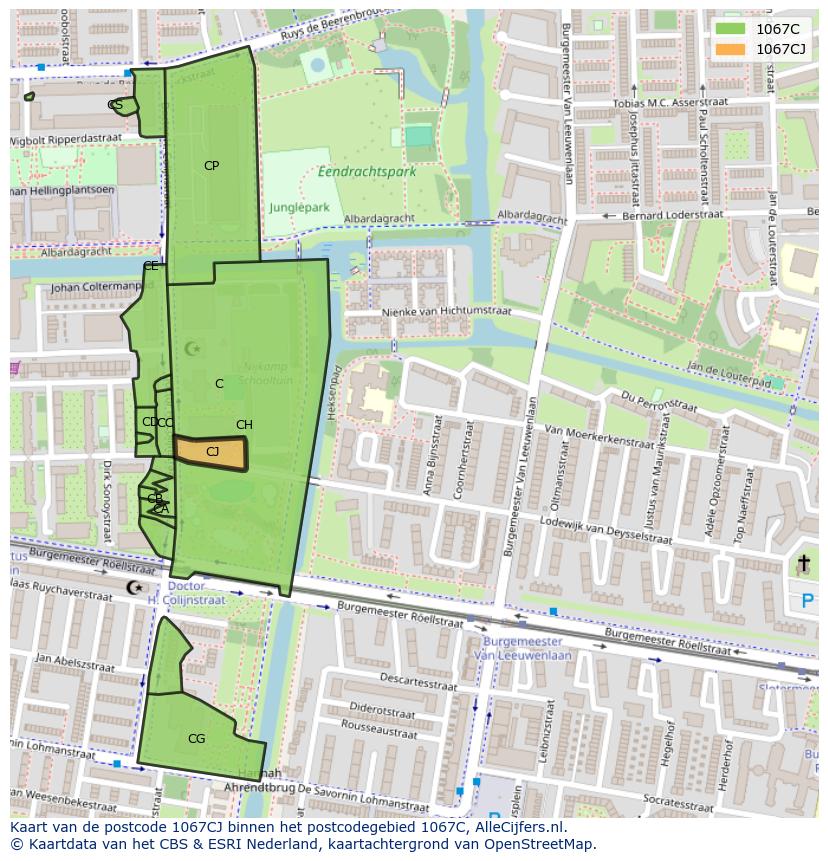 Afbeelding van het postcodegebied 1067 CJ op de kaart.