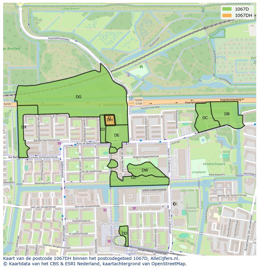 Afbeelding van het postcodegebied 1067 DH op de kaart.