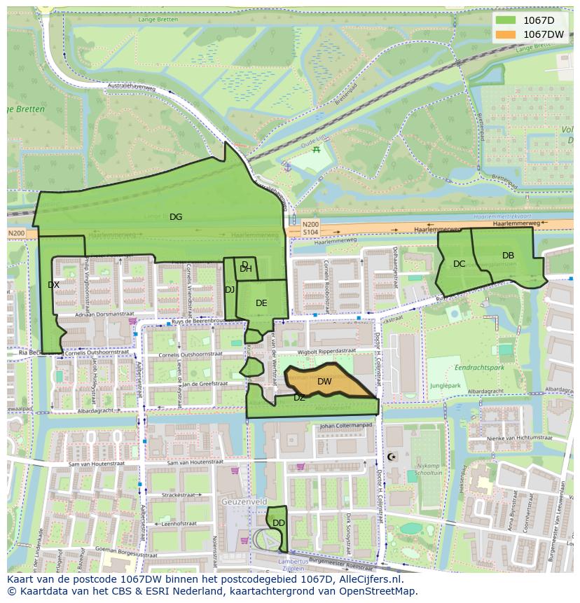 Afbeelding van het postcodegebied 1067 DW op de kaart.