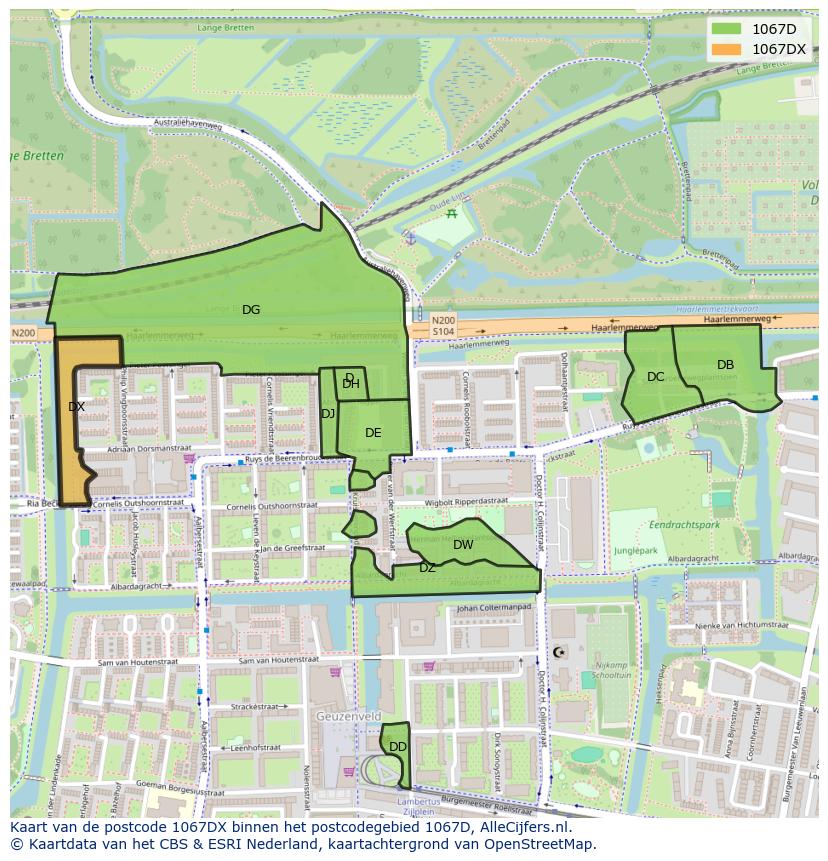 Afbeelding van het postcodegebied 1067 DX op de kaart.