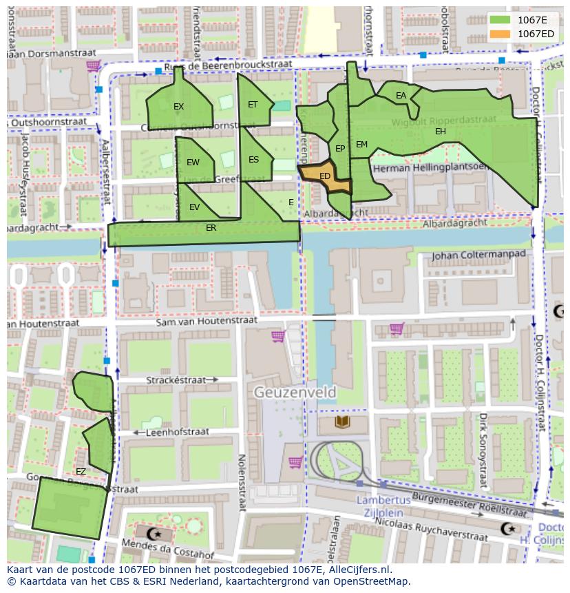 Afbeelding van het postcodegebied 1067 ED op de kaart.