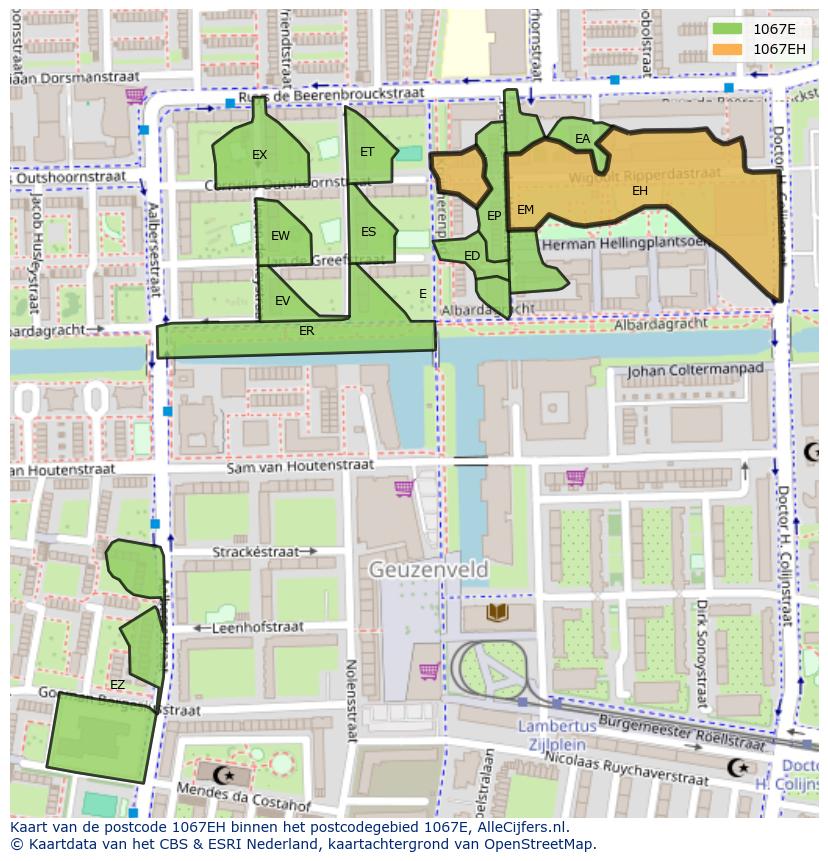 Afbeelding van het postcodegebied 1067 EH op de kaart.