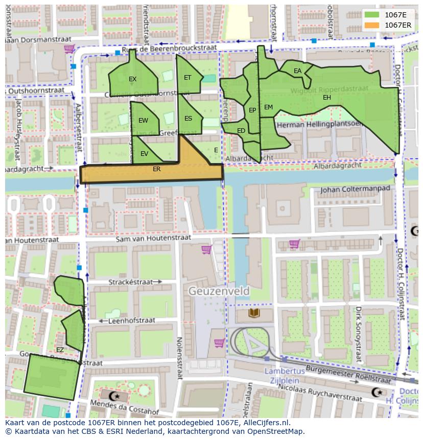 Afbeelding van het postcodegebied 1067 ER op de kaart.