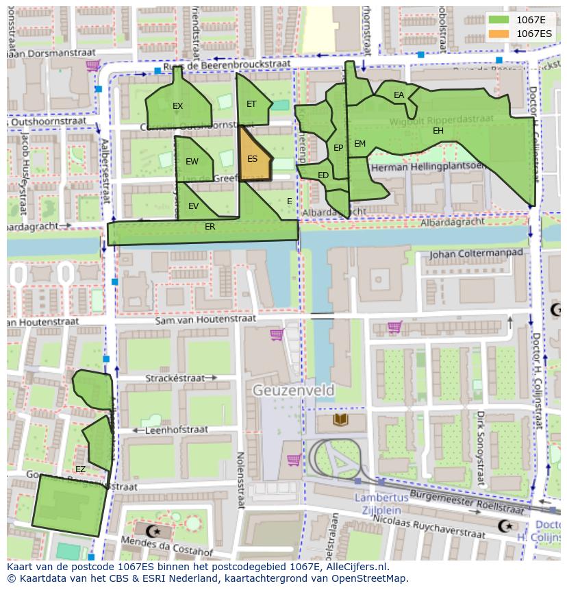 Afbeelding van het postcodegebied 1067 ES op de kaart.
