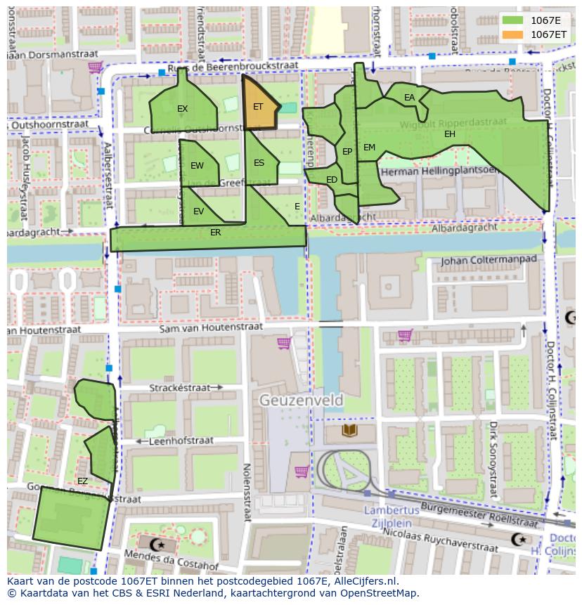 Afbeelding van het postcodegebied 1067 ET op de kaart.