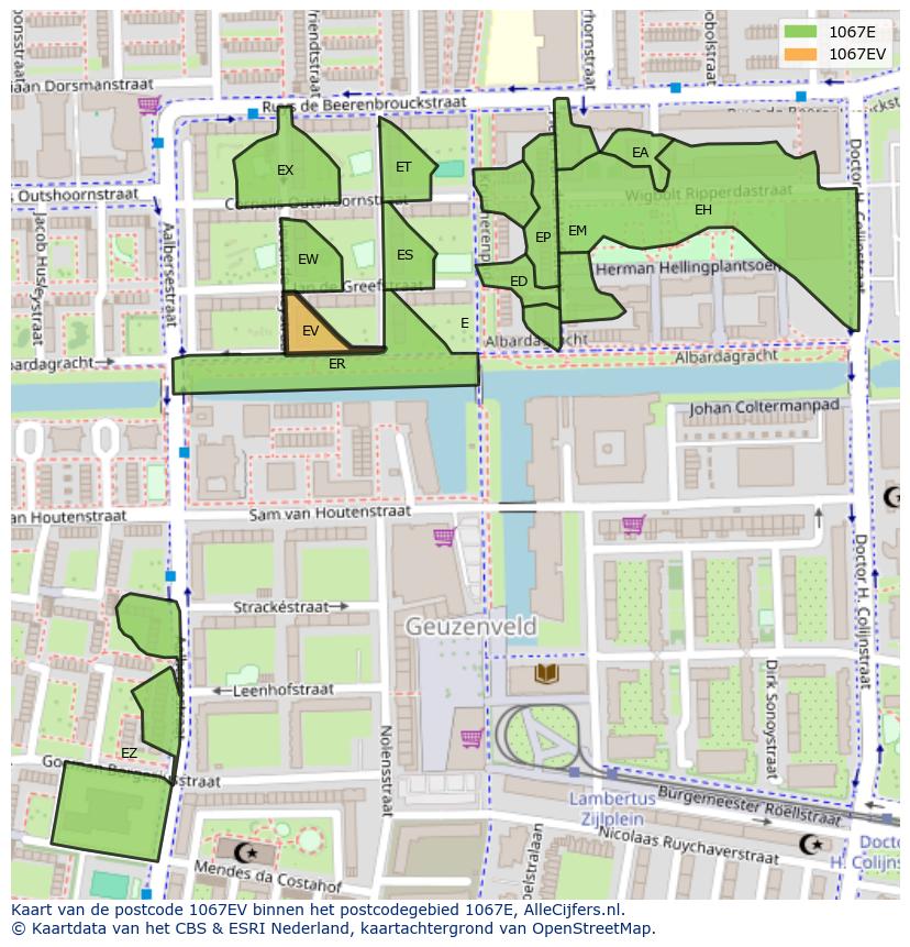 Afbeelding van het postcodegebied 1067 EV op de kaart.