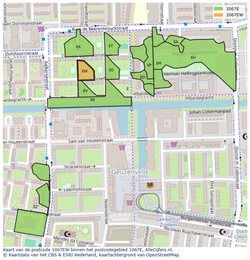 Afbeelding van het postcodegebied 1067 EW op de kaart.