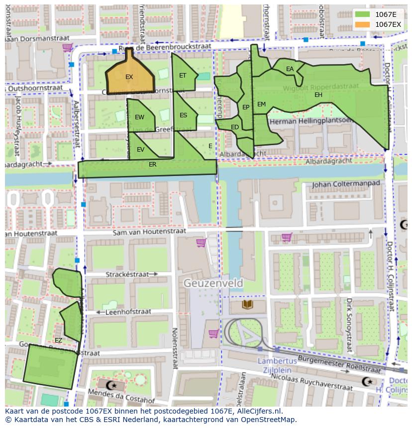 Afbeelding van het postcodegebied 1067 EX op de kaart.