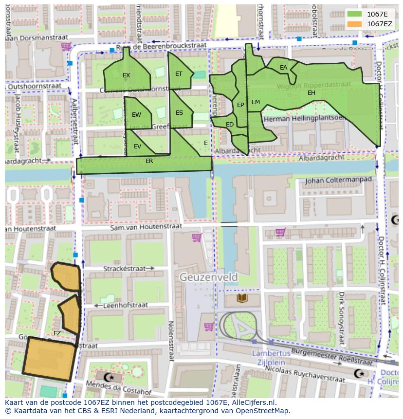 Afbeelding van het postcodegebied 1067 EZ op de kaart.
