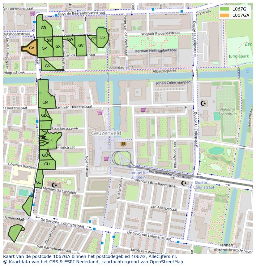 Afbeelding van het postcodegebied 1067 GA op de kaart.