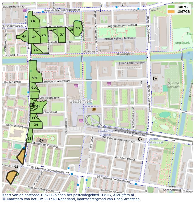 Afbeelding van het postcodegebied 1067 GB op de kaart.
