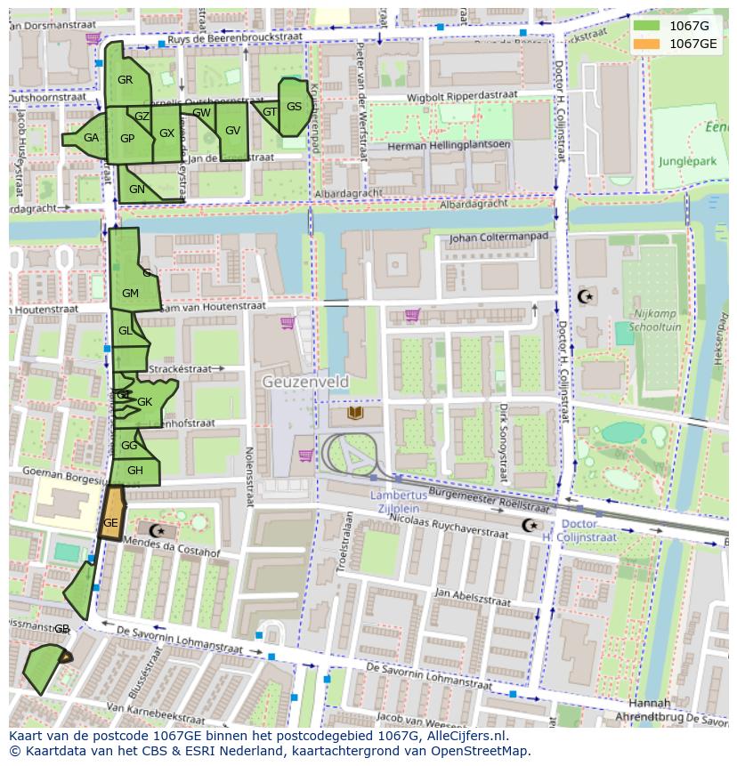 Afbeelding van het postcodegebied 1067 GE op de kaart.