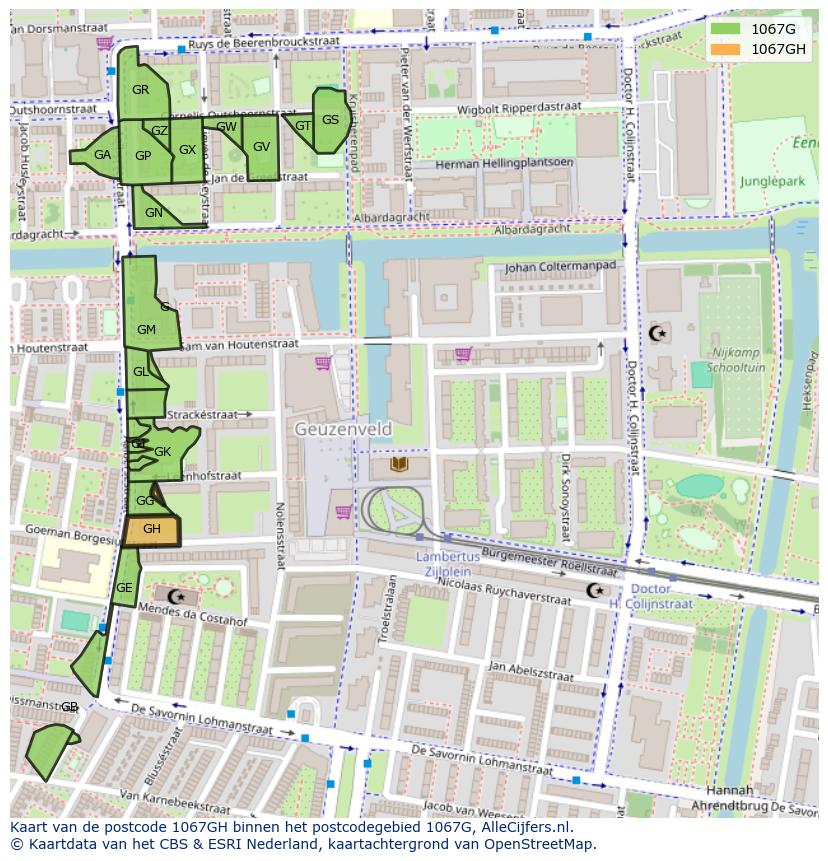 Afbeelding van het postcodegebied 1067 GH op de kaart.