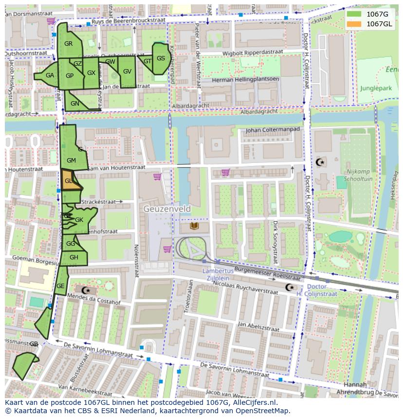 Afbeelding van het postcodegebied 1067 GL op de kaart.