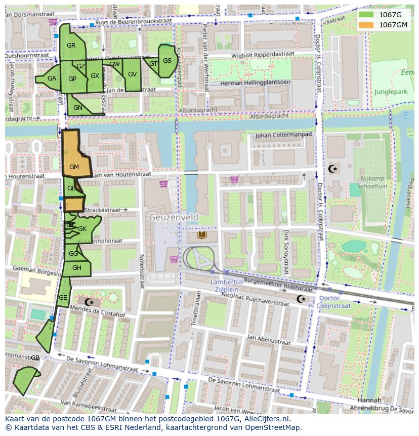 Afbeelding van het postcodegebied 1067 GM op de kaart.