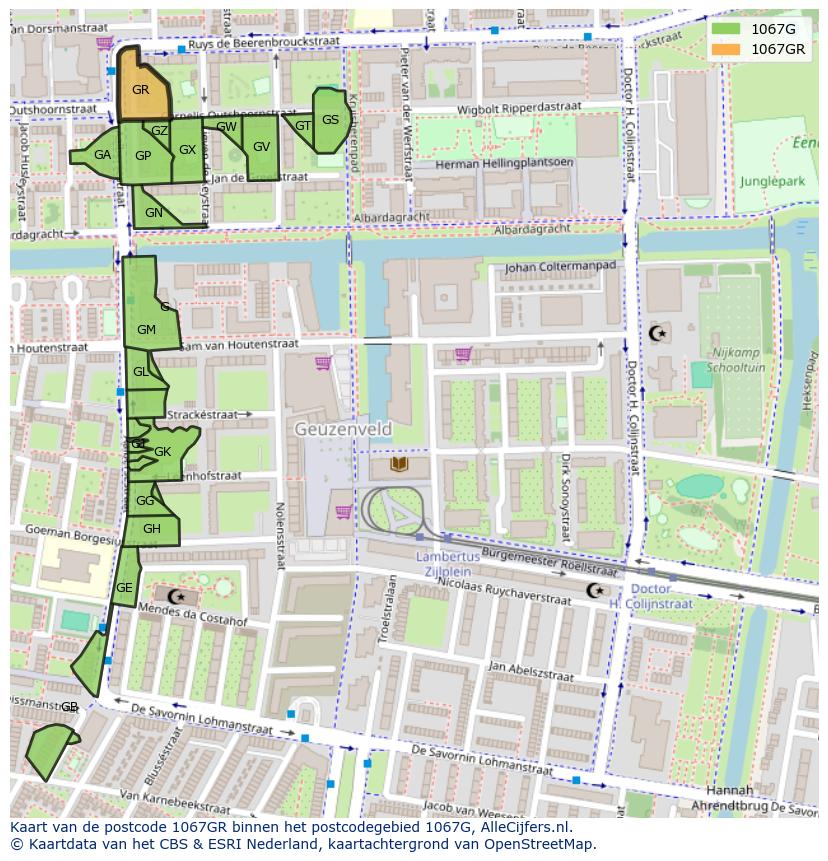 Afbeelding van het postcodegebied 1067 GR op de kaart.