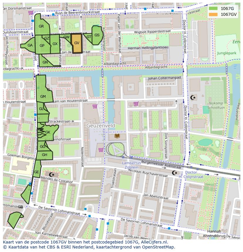 Afbeelding van het postcodegebied 1067 GV op de kaart.