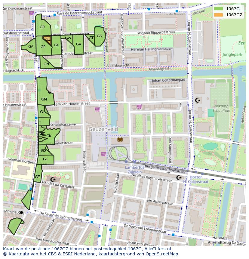 Afbeelding van het postcodegebied 1067 GZ op de kaart.