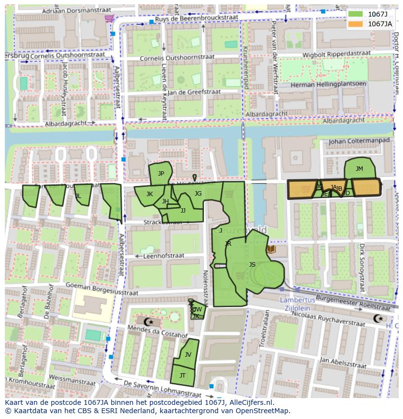 Afbeelding van het postcodegebied 1067 JA op de kaart.