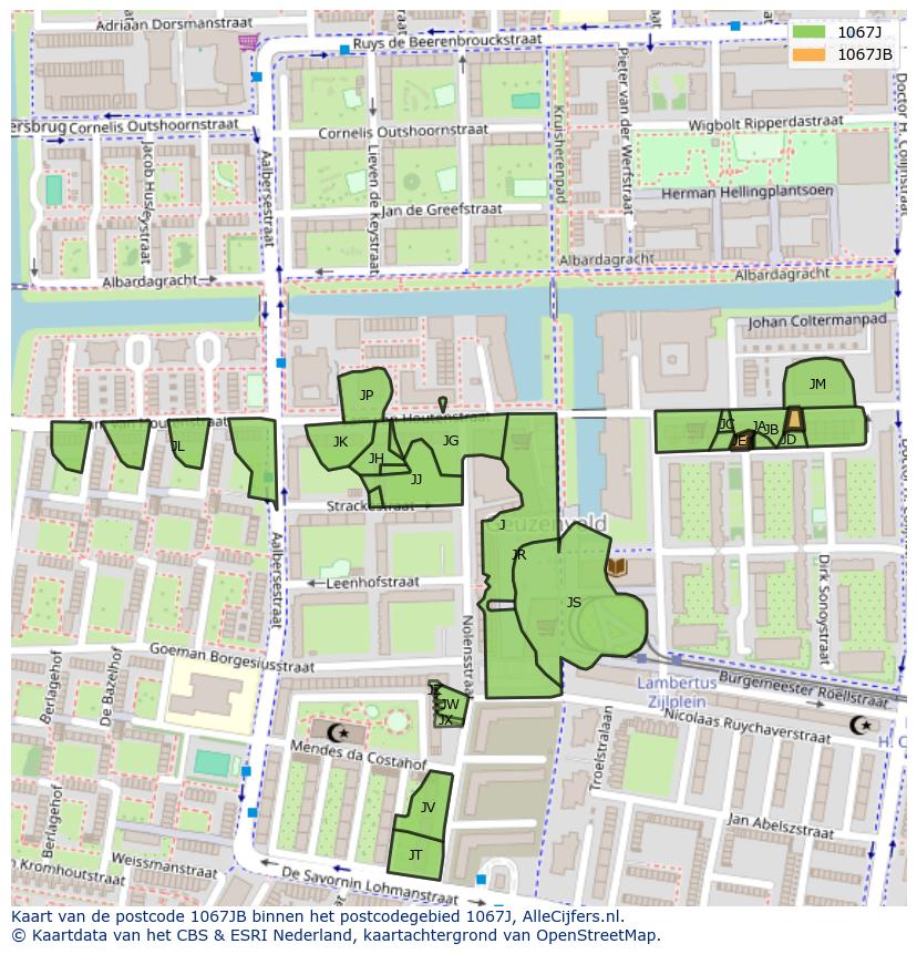 Afbeelding van het postcodegebied 1067 JB op de kaart.