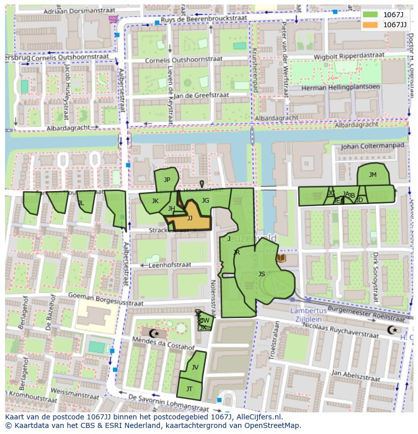 Afbeelding van het postcodegebied 1067 JJ op de kaart.
