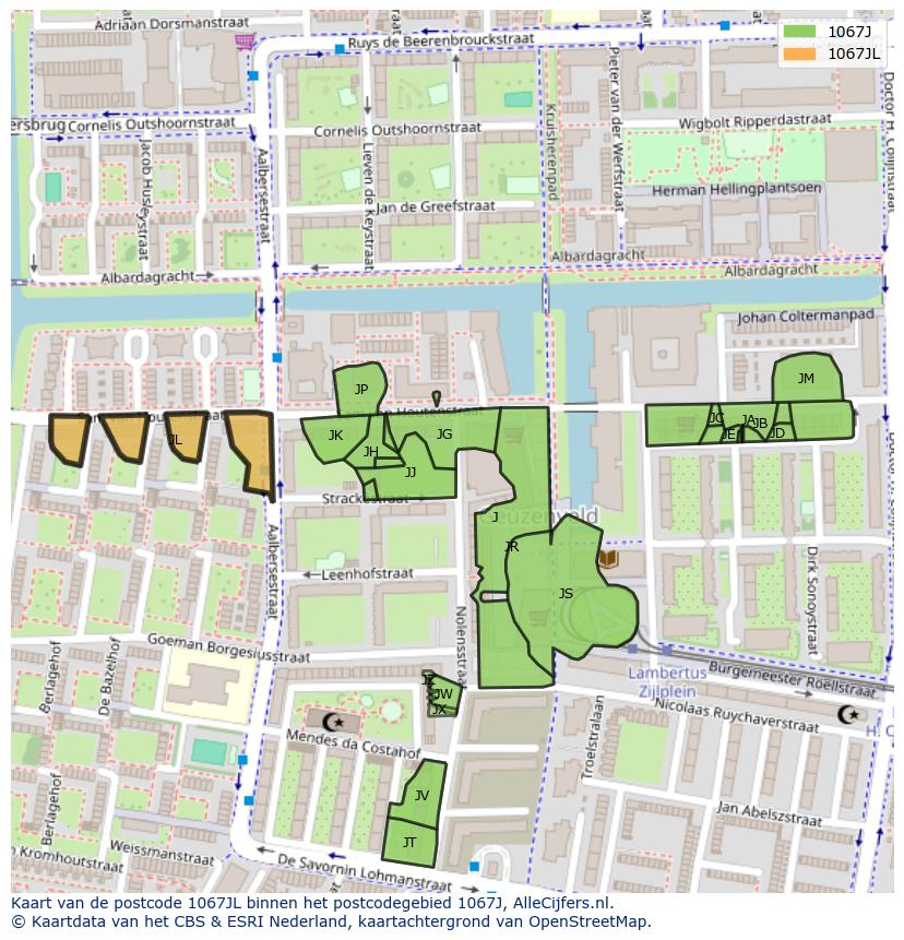 Afbeelding van het postcodegebied 1067 JL op de kaart.