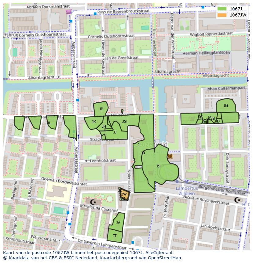 Afbeelding van het postcodegebied 1067 JW op de kaart.