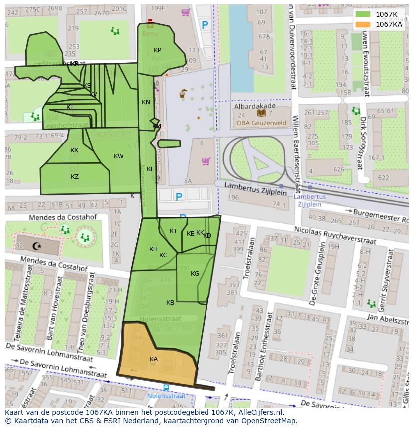 Afbeelding van het postcodegebied 1067 KA op de kaart.