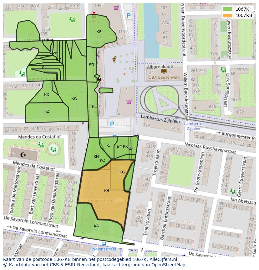 Afbeelding van het postcodegebied 1067 KB op de kaart.